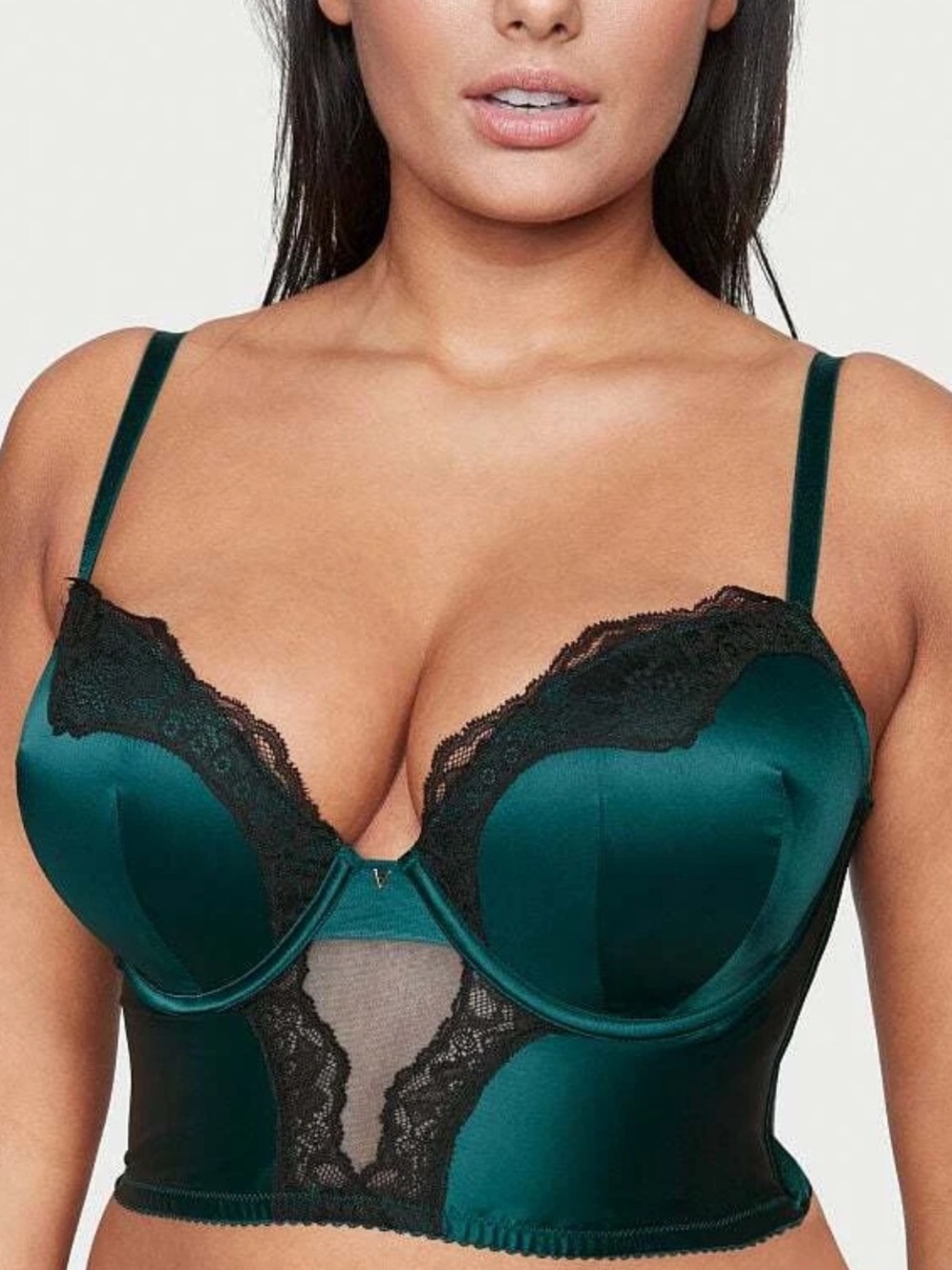 Victoria's Secret Bustier Bra 36C PushUp Corset Satin Lace Emerald Green Black
